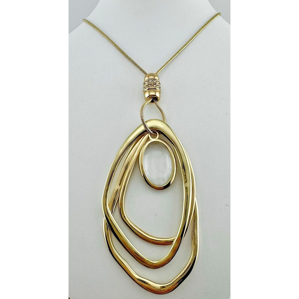 Premier Designs Necklace Long Pendant Gold Tone Crystal Asymmetrical 32-36 Inch
